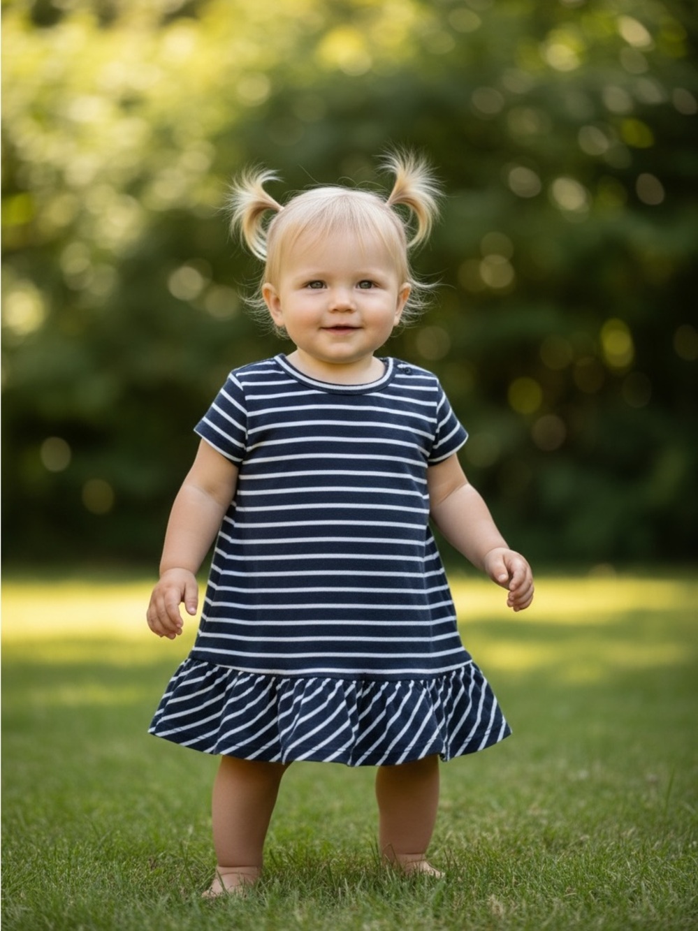 Nordstrom Baby Striped Cotton Dress Navy Blue 12 Months